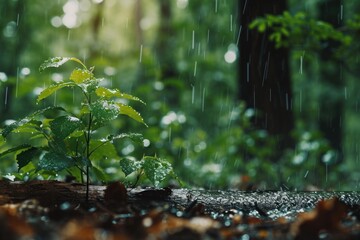 Poster - A small plant is seen sprouting out of the ground in the rain. This image can be used to depict growth, resilience, or the beginning of a new journey