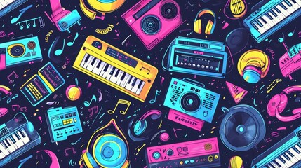 Aufkleber - A collection of various musical instruments arranged on a black background. Ideal for music-related projects and designs