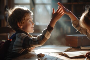 Wall Mural - A picture of a boy and a girl giving each other a high five. Perfect for illustrating teamwork, friendship, and celebration