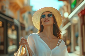 Sticker - A woman wearing a hat and sunglasses holds a bag. This versatile image can be used to showcase fashion, travel, or accessories