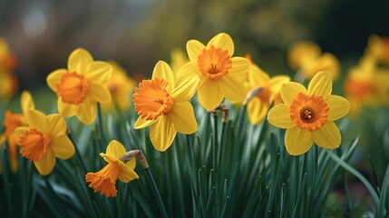 Poster - A beautiful field of yellow daffodils with green stems. Perfect for springtime themes and nature-related designs