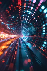 Poster - A train is seen traveling through a tunnel illuminated by vibrant lights. This captivating image can be used to depict motion, transportation, technology, or the excitement of a journey