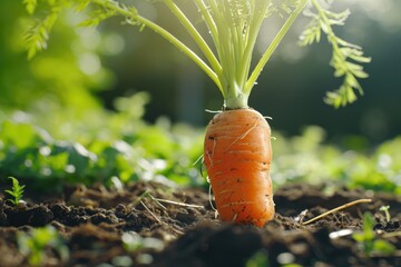 Aufkleber - A detailed view of a carrot partially buried in the dirt. Perfect for illustrating organic farming or the process of growing vegetables