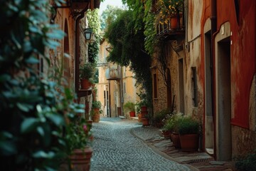 Poster - A picturesque view of a narrow cobblestone street adorned with beautifully arranged potted plants. Ideal for urban and cityscape photography.