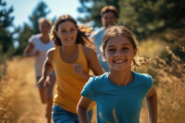 Poster - A group of people running in a field. Perfect for promoting fitness and outdoor activities