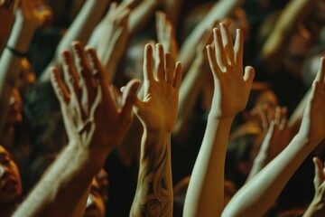 Poster - A lively crowd of people raising their hands in the air. Perfect for capturing the energy and enthusiasm of a concert, sporting event, or celebration.