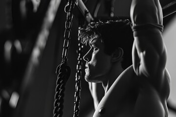 Poster - A shirtless man is shown hanging from a rope in a gym. This image can be used to depict fitness, strength training, or a challenging workout routine