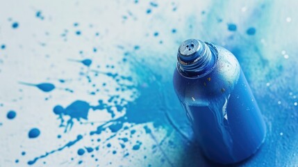 Poster - A bottle of blue paint placed on a blue surface. Perfect for artistic and creative projects