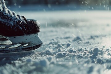Poster - A detailed view of a pair of ice skates resting in the snow. Perfect for winter sports or holiday-themed projects