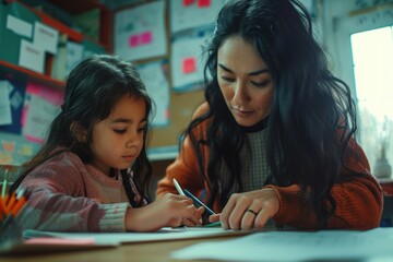 Poster - A woman is seen assisting a young girl with a pencil. This image can be used for educational purposes or in articles about mentoring and teaching