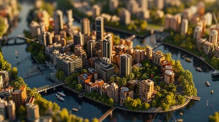 Poster - A miniature model of a city with a river running through it. Ideal for architectural and urban planning projects