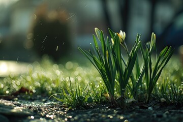 Poster - Water droplets glisten on blades of grass in a close-up view. Perfect for nature and macro photography enthusiasts