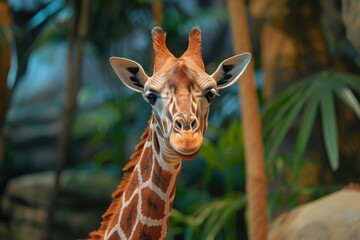 Poster - A close-up view of a giraffe's face with trees in the background. This image captures the unique features and expressions of the giraffe. Ideal for nature and wildlife-related projects