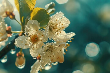 Poster - A detailed view of a flower with glistening water droplets. Perfect for nature enthusiasts and those in need of a refreshing image
