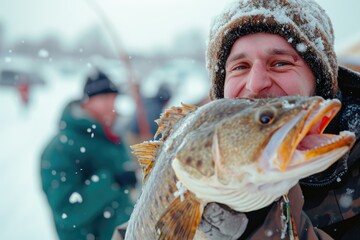 Aufkleber - A man holding a fish in the snowy landscape. Perfect for winter fishing enthusiasts or outdoor adventure promotions