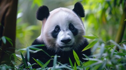 Poster - Close up of a panda bear sitting in the grass. Suitable for various uses