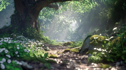 Poster - A scenic path surrounded by a lush green forest. Perfect for nature and hiking themes