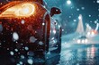 © Fotograf - A car is seen driving down a snowy street at night. This image can be used to depict winter driving conditions or a serene winter night scene