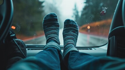 Poster - A close-up view of a person's feet resting in the front seat of a car. This image can be used to depict relaxation during a road trip or to highlight the comfort of the car's interior