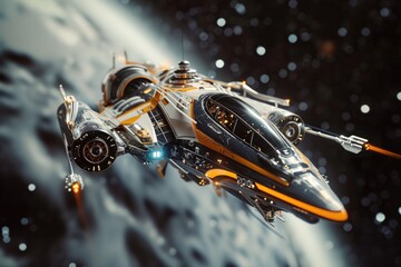 Poster - A sci-fi spaceship soaring through the sky above a distant planet. Perfect for futuristic and space exploration concepts