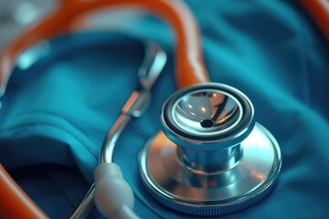 Poster - Stethoscope laying on top of a blue cloth. Suitable for medical and healthcare concepts