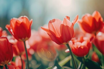 Wall Mural - A vibrant field of red tulips illuminated by the sun. Ideal for springtime themes and nature-inspired designs