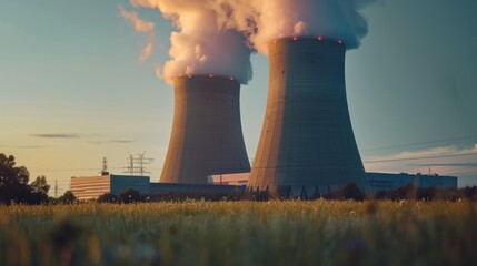 Poster - Cooling towers releasing smoke. Suitable for industrial and environmental concepts