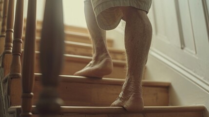Poster - A man is shown walking up a set of stairs. This image can be used to depict progress, determination, or overcoming obstacles