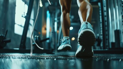 Poster - A detailed view of a person's legs at the gym. Perfect for fitness and exercise related content