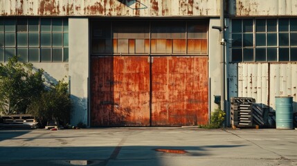 Canvas Print - An old, weathered building with a vibrant red door and a clock displayed on the exterior. Suitable for architectural, urban, and time-related concepts