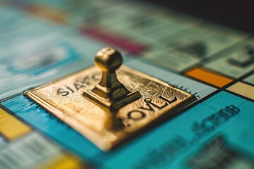 Aufkleber - A close-up view of a Monopoly board with a gold button. This image can be used to represent wealth, strategy, or financial concepts