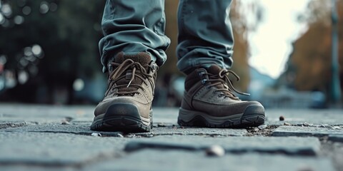 Poster - A close up view of a person's shoes on a street. Suitable for various uses