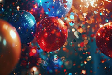 Poster - A vibrant image featuring a bunch of red, white, and blue balloons and confetti, perfect for any festive occasion or celebration