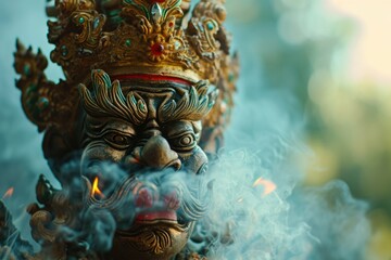 Aufkleber - A close up of a statue with smoke emanating from it. This image can be used to depict mystery, magic, or the supernatural