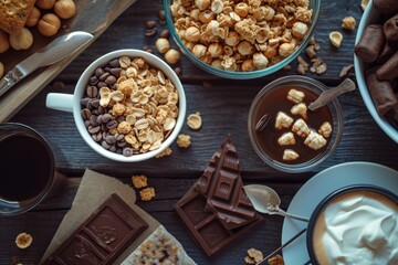Poster - A table topped with bowls of food and cups of coffee. Perfect for food and beverage presentations.