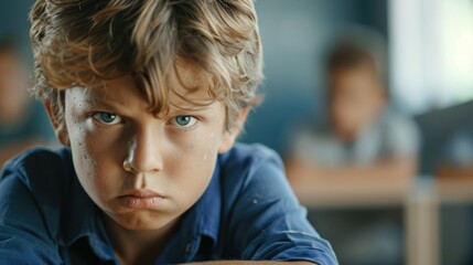 Poster - A young boy sitting at a table in a classroom. Suitable for educational themes