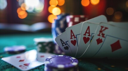 Poster - A table with a collection of playing cards and chips. Perfect for illustrating a casino or poker night.