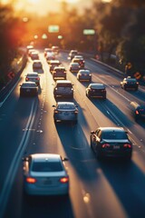 Poster - A bustling highway with a stream of cars driving down it. Perfect for illustrating traffic congestion and urban transportation.