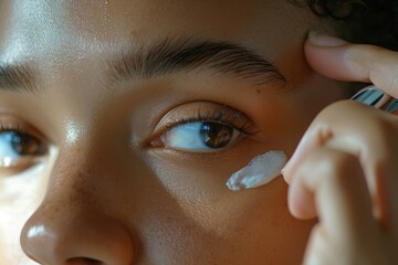 Poster - A close-up view of someone applying cream to their eye. This image can be used to depict skincare routines or to illustrate the use of eye creams for reducing puffiness and dark circles
