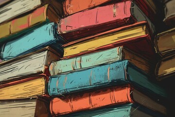 Poster - A stack of books sitting on top of each other. Perfect for educational materials and book-themed designs