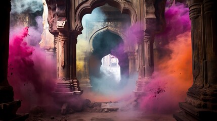 Color Splashes for Holi in Ancient Temple