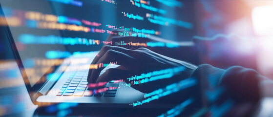 Close up person typing on a laptop, double exposure technology coding background