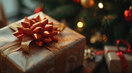 Poster - A gift wrapped in shiny gold paper and topped with a red bow. Perfect for any special occasion or holiday celebration