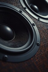 Poster - A pair of speakers sitting on top of a wooden table. Suitable for music and entertainment themes