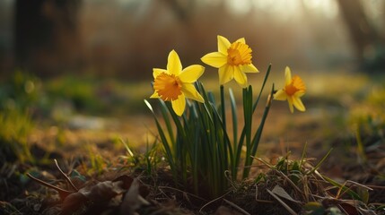 Poster - A group of yellow flowers growing out of the ground. Perfect for nature-themed designs and garden-related projects