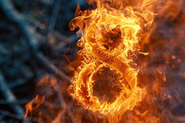 Poster - A striking image of the number eight engulfed in flames in the middle of a vast field. Perfect for illustrating concepts related to fire, numerology, passion, energy, or excitement.
