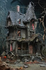 Poster - A picture of a creepy looking house with a unique and eerie roof. Perfect for horror-themed projects or spooky Halloween designs
