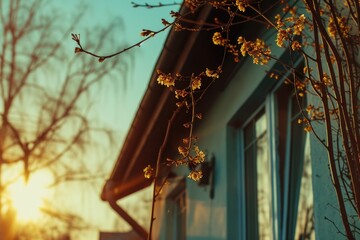 Poster - The sun is setting behind a house with a tree in the foreground. Perfect for showcasing the beauty of nature and capturing the tranquility of a peaceful evening
