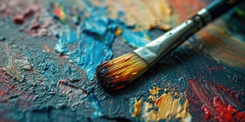 Canvas Print - Close-up view of a paintbrush resting on a paint palette. Ideal for artistic projects and creative concepts