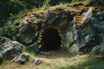 Poster - A cave nestled in the midst of a dense forest. Perfect for adventure and exploration-themed projects